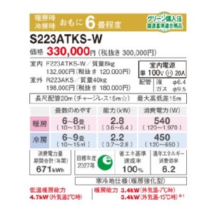 【お取り寄せ】DAIKIN(ダイキン) 2.2kW 主に6畳用 ルームエアコン 『スゴ暖 KXシリーズ』 S223ATKS-W (ホワイト)